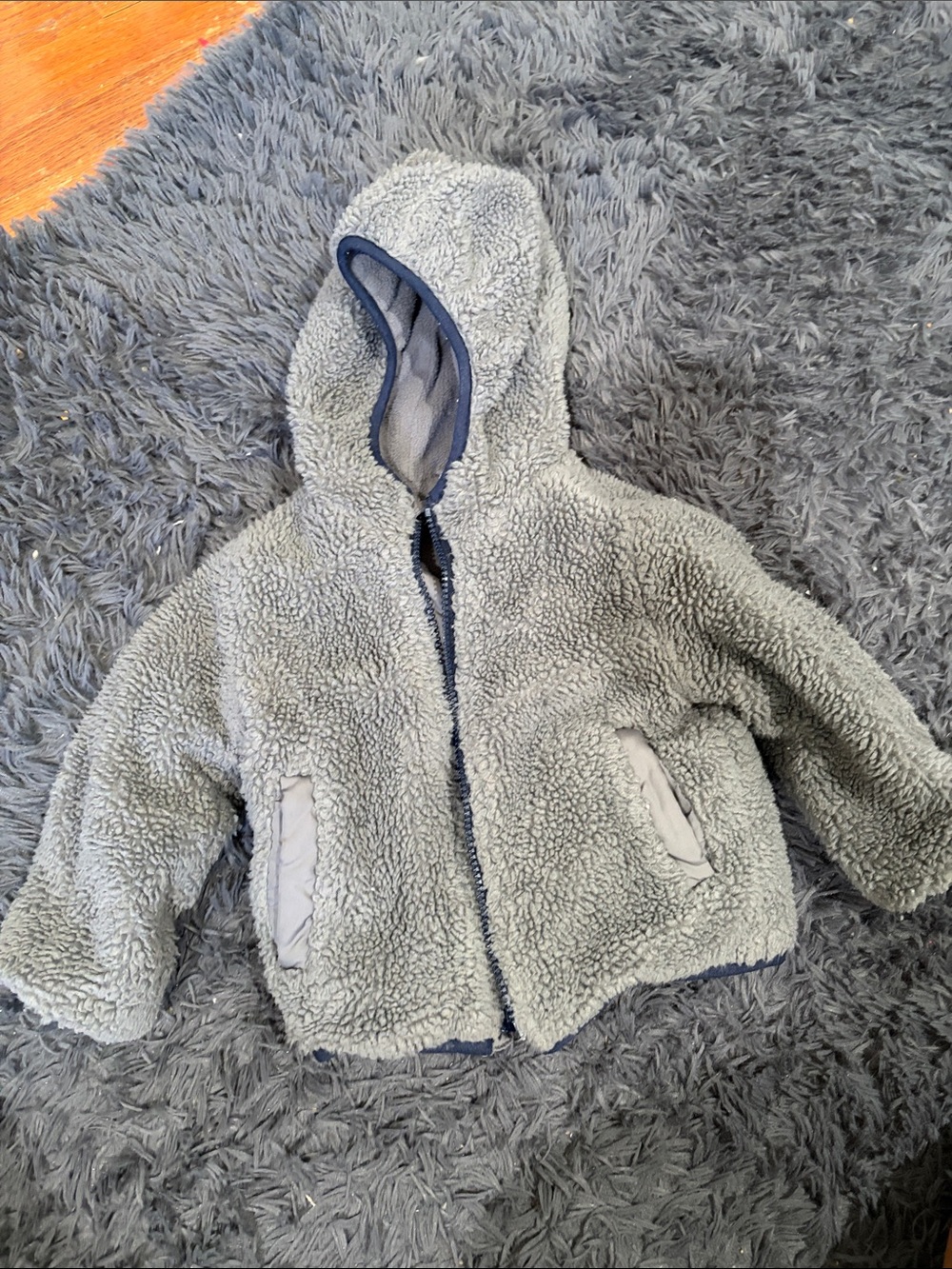 GAP Kids Plush Hooded Jacket - Light Gray with Navy Trim